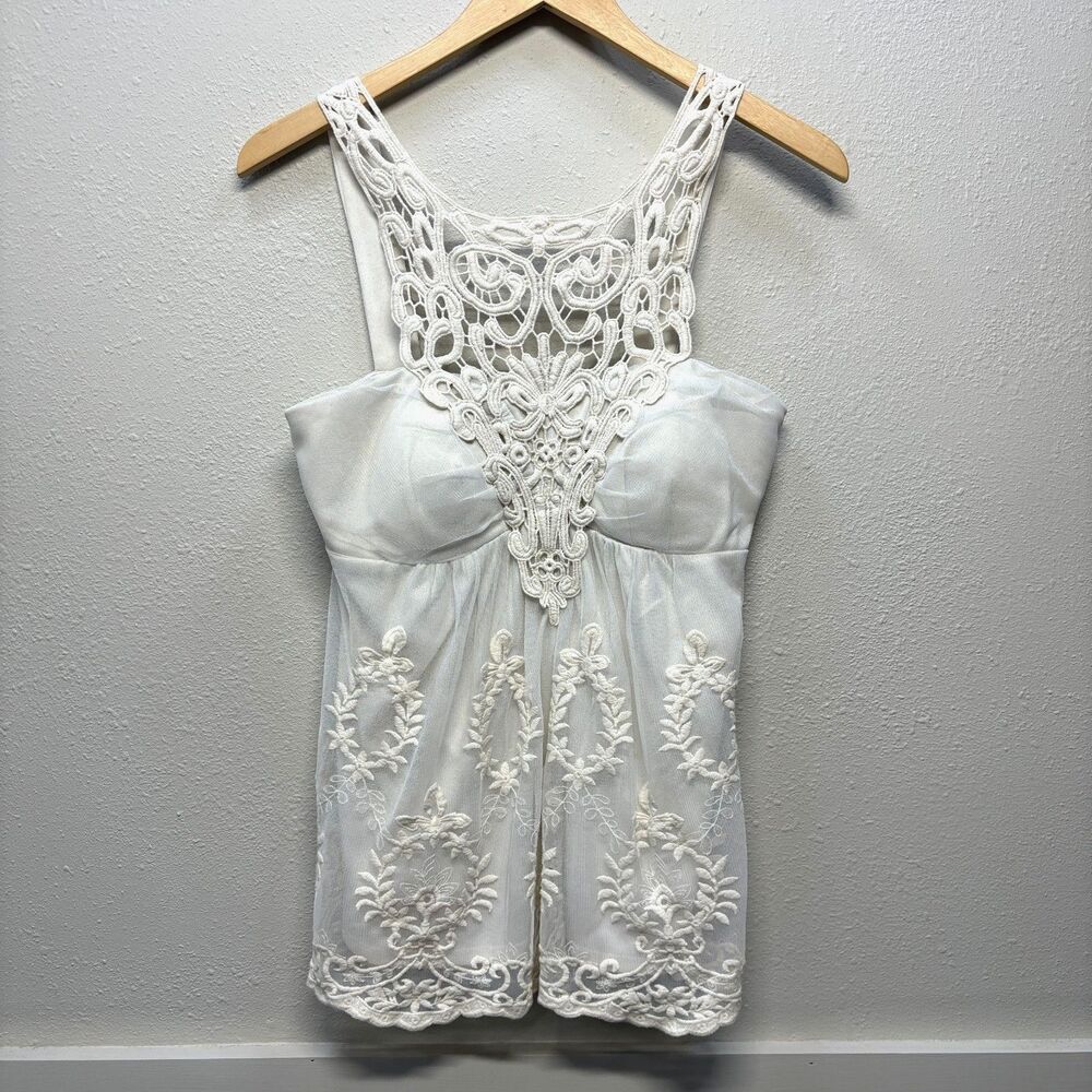 Boston Proper Ivory Lace Crochet Floral Baby Doll Sleeveless Top Women's Sz S